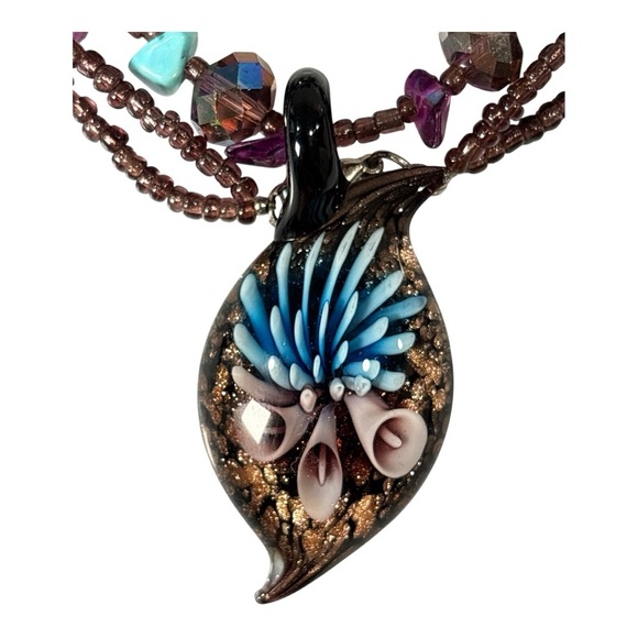 Boho Glass Pendant Necklace & Dangle Earrings Set Beaded Cord Purple Turquoise - Picture 2 of 7